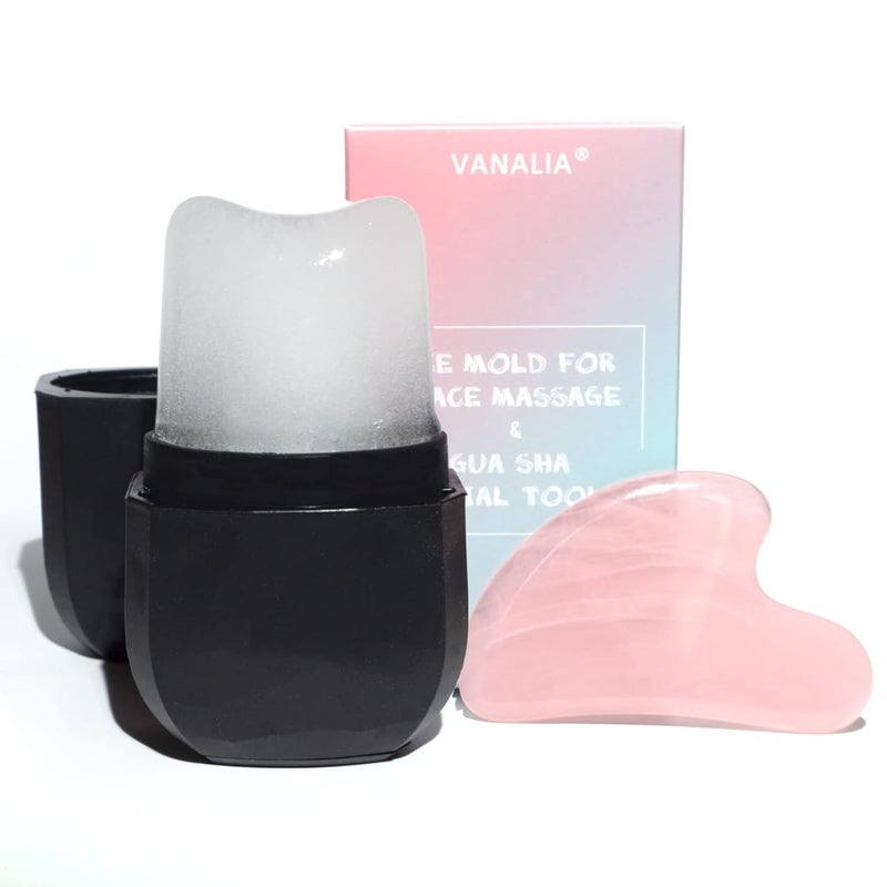 VANALIA قالب ثلج للوجه، أسطوانة ثلج للوجه وأداة غوا شا للوجه، علاج وجه قابل لإعادة الاستخدام، ثلج للوجه لتشديد وتوحيد البشرة وتقليل انتفاخ منطقة العين، علاج بالتبريد للوجه (أسود) - Image 1